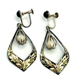 Vintage Signed Sterling Silver Niello Screw Back Black Pearl Onyx Drop Earrings